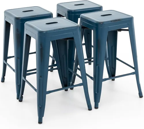 Vista 10 de Vogue Furniture Direct 24" Taburetes de bar de metal sin respaldo negros para interiores/exteriores, altura para encimera con asiento cuadrado
