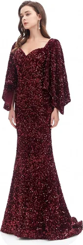 Vista 2 de LYKYCYFG Vestido de noche con lentejuelas para mujer, cuello en V, mangas acampanadas, africano, vestidos de fiesta de graduación