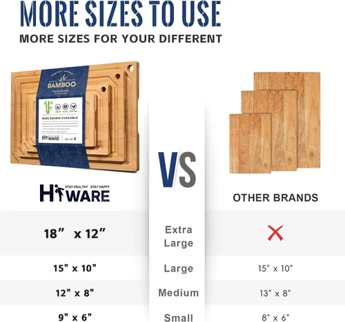 Vista 3 de Hiware Juego de 4 tablas de cortar de bambú extra grandes para cocina, tabla de cortar resistente con ranura para jugos, juego de tablas de cortar