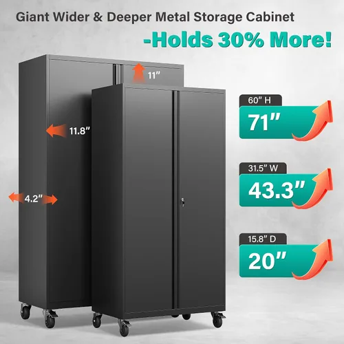 Vista 4 de SISESOL Gabinete de almacenamiento de metal ancho y profundo con ruedas, gabinete de almacenamiento de garaje alto rodante con cerradura, gabinetes