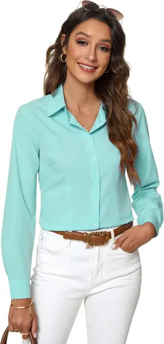 Vista 15 de Atnlewhi - Camisa de trabajo clásica con botones, manga larga, elástica, formal y casual para mujer