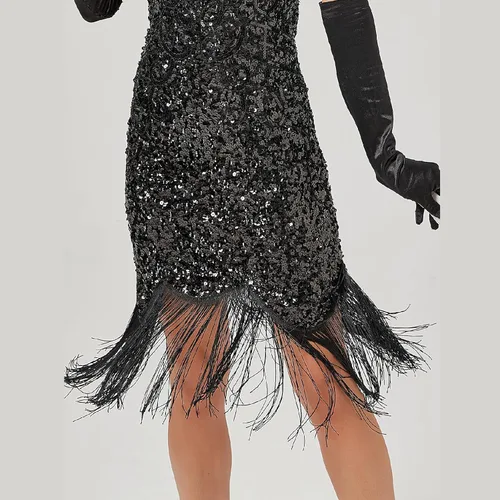 Vista 6 de IDOPIP Vestido de lentejuelas vintage de los años 20 con flecos de Gatsby con borlas, vestido formal de noche para boda, fiesta, cóctel