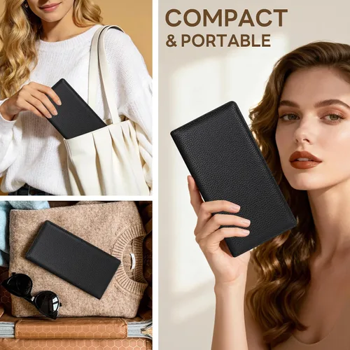 Vista 2 de Billetera para mujer, billetera RFID extradelgada, bolso plegable de cuero, con 11 ranuras para tarjetas y ventana de identificación, lindo monedero