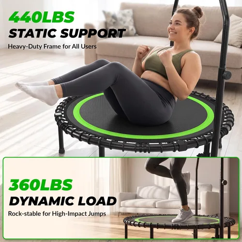 Vista 5 de Mini trampolín rebotador de 40 pulgadas para adultos, carga de 440 libras, color verde Foldable Indoor Trampoline with PP Mat, Alloy Steel Frame