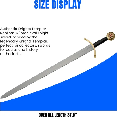 Vista 3 de SZCO Espada de caballeros templarios de 37 pulgadas, espada decorativa medieval de caballero con mango envuelto en cuero negro y vaina de cuero a