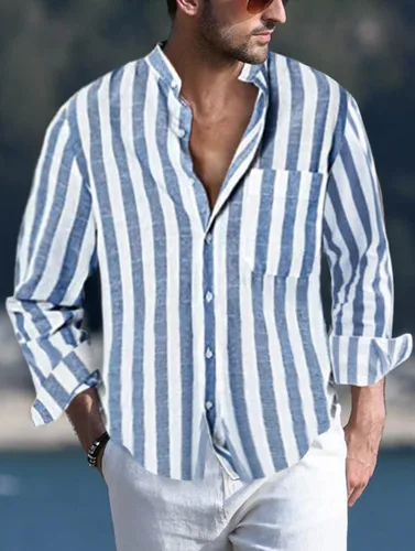 Vista 2 de Camisas de lino de manga larga con cuello de banda y botones para hombre