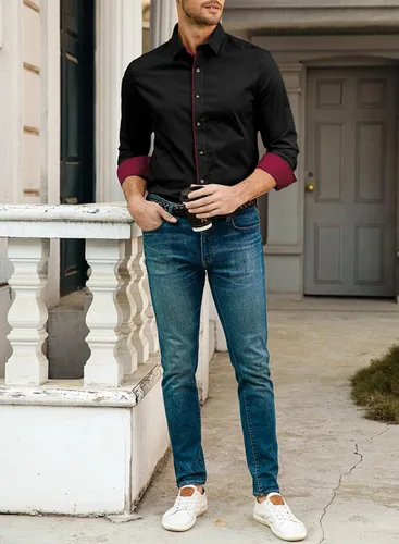 Vista 6 de JMIERR Camisa de vestir casual para hombre, camisas de manga larga con botones, camisas ajustadas de algodón