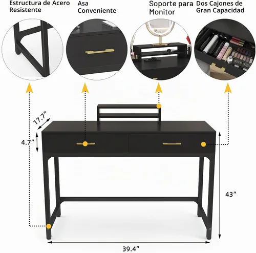 Vista 3 de WESTREE Escritorio de computadora para juegos de oficina, escritorio de estudio con cajón para adolescentes, escritorio de maquillaje