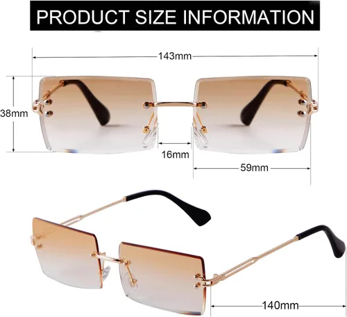 Vista 5 de SORVINO Lentes de sol rectangulares sin montura para mujeres y hombres, a la moda, color rosa transparente, lentes tintados azules sin marco