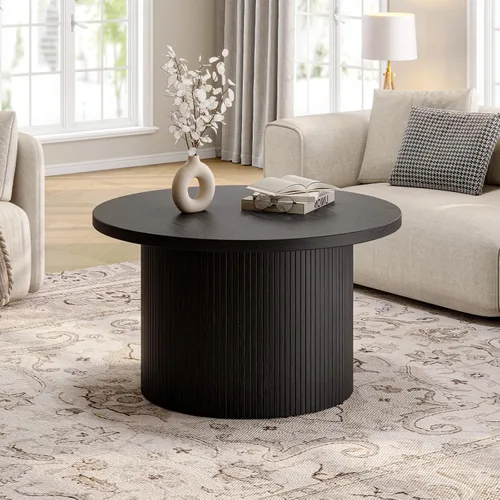 Vista 3 de ONBRILL Mesa de centro redonda de 31.5 pulgadas, mesas de centro con diseño de tambor para sala de estar, mesa de centro de madera moderna de Negro