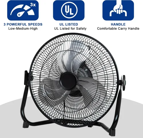Vista 3 de BILT HARD Ventilador de piso de alta velocidad de 12 pulgadas, 3 velocidades, potente ventilador de flujo de aire de 1650 CFM, ventilador de metal