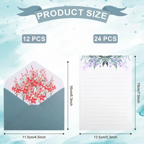 Vista 2 de 24 piezas de papel de escritura floral, con 12 sobres de papel floral, exquisito papel de escritura y sobres, juego de papel de escritura con líneas