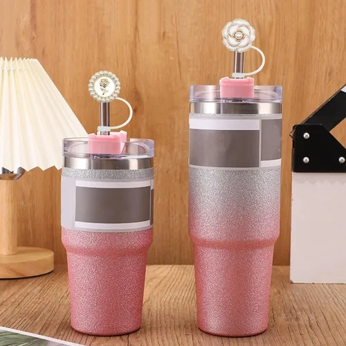 Vista 7 de Funda de popote para vaso Stanley de 40 onzas, 30 onzas, perlas brillantes, bonitos accesorios de taza de silicona a prueba de fugas reutilizables