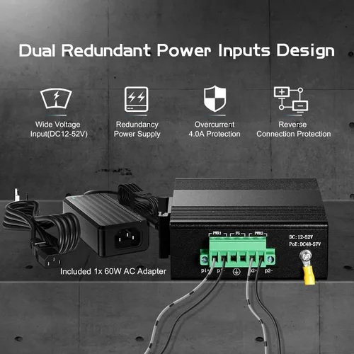 Vista 5 de Interruptor industrial Gigabit PoE de 5 puertos, IEEE802.3af/at Ethernet, 1 puerto SFP con módulo LC de 12.4 mi, aleación de aluminio IP40 -40 ~