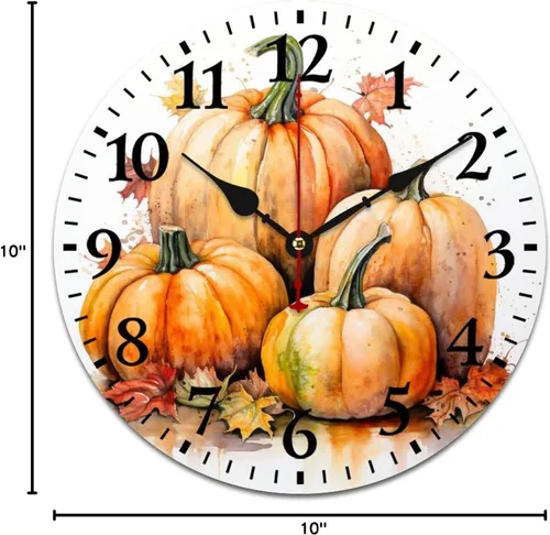 Vista 9 de Reloj de pintura de tinta acuarela amarillo verde calabazas hojas redondo creativo reloj decorativo sin tictac Acción de Gracias o Halloween reloj