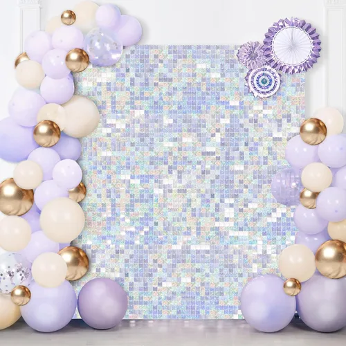 Vista 22 de 12 paneles cuadrados de lentejuelas brillantes para pared color azul claro (Baby Blue) telón de fondo decorativo para fiestas de bodas