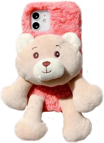 Vista 8 de Bonita funda de oso de felpa compatible con Samsung Galaxy S10, funda mullida 3D adorable oso suave de poliuretano termoplástico para manos y pies