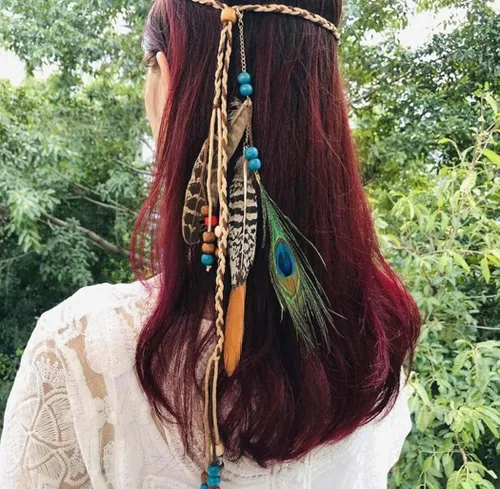 Vista 3 de CAKURE Diadema de plumas estilo bohemio extensiones de cabello de plumas gitanas diadema para festivales diadema de plumas indias accesorios