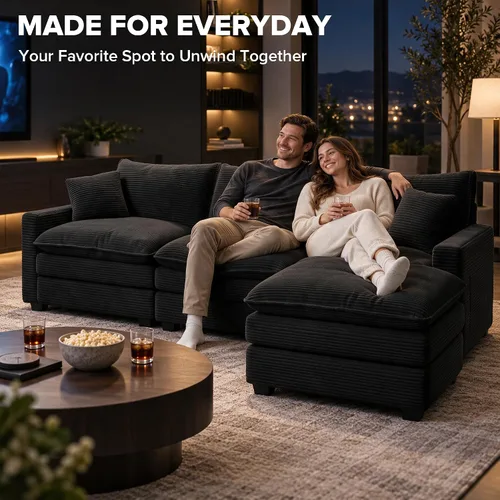 Vista 8 de Sofá seccional modular de 107", sofá de nube en forma de L con otomana Negro