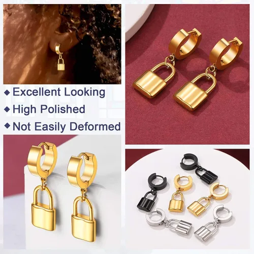 Vista 4 de FaithHeart Aretes de aro Huggie para mujer, acero inoxidable, chapado en oro de 18 quilates, aretes colgantes de gota de AnkhCrossCandkBocina