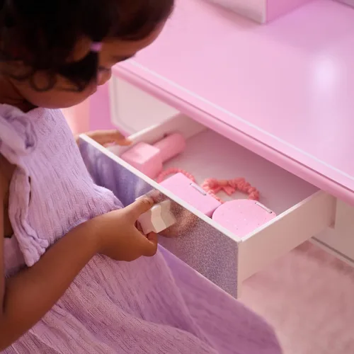 Vista 7 de Teamson Kids Juego de tocador de estrellas con luces LED para niñas, mesa de maquillaje rosa de 2 piezas para niños con espejo, 3 cajones
