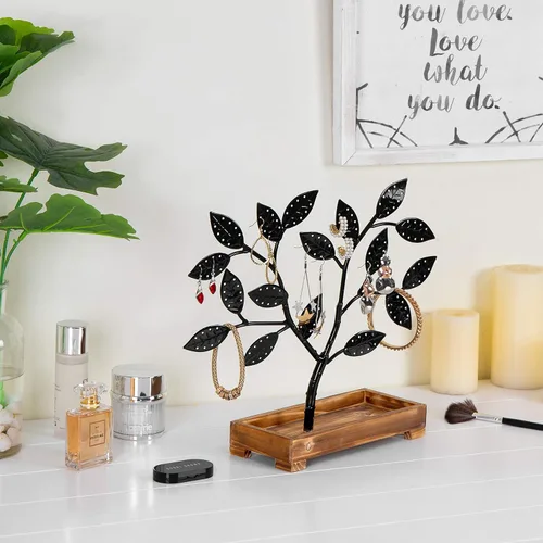 Vista 5 de MyGift Organizador de almacenamiento de aretes, árbol de joyería de metal negro mate, collar y colgante de pulsera con bandeja de anillos de madera