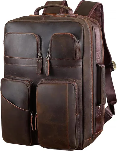 Vista 8 de TIDING Mochila para portátil de cuero de grano completo de 17.3 pulgadas para hombres, multibolsillos, casual, mochila de viaje de negocios, Negro
