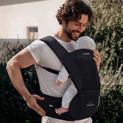 Vista 5 de Portabebés Bebamour con asiento de cadera, malla transpirable para todas las posiciones en el asiento de cadera y portabebés de 0 a 36 meses