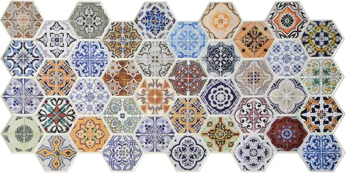 Vista 3 de Dundee Deco PG7031 Mosaico de retazos hexagonales de imitación multicolor, 3.2 pies x 1.6 pies, panel de pared 3D de PVC, decoración de paneles