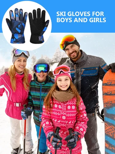 Vista 2 de 4 pares de guantes de invierno unisex para niños, impermeables, guantes de esquí para la nieve, guantes de esquí gruesos y cálidos para niños de 8 a