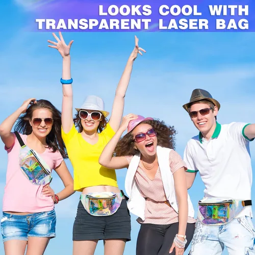 Vista 5 de Hillban Cangurera holográfica transparente de 20 unidades, bolsa de cinturón iridiscente a granel para mujer, impermeable, de PVC, con cinturón