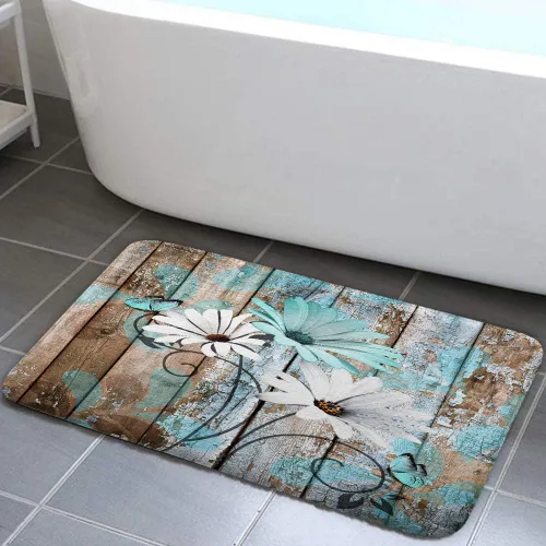 Vista 8 de JAWO Alfombra de baño con flores de granja, dalia en tablones de madera rústica, juego de tapetes de baño con flores azules, en forma de U
