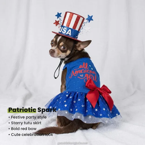 Vista 7 de Fitwarm All American Girl Vestido para Perros - Vestido Patriótico de Tul para Perros Pequeños, Azul Real, Rojo, Blanco, XXS