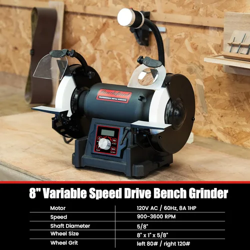 Vista 2 de Bucktool Amoladora de banco de velocidad variable VFD de 8 pulgadas, amoladora de rueda profesional sin tambaleo de potencia 1HP con conmutación