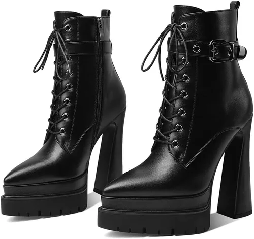 Vista 2 de Mattiventon Botas de plataforma para mujer, tacón grueso, punta puntiaguda, botines con cordones al tobillo