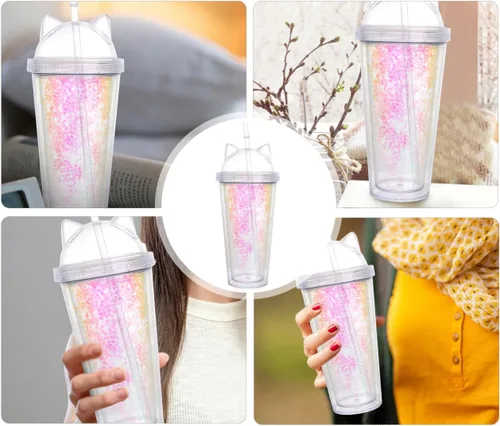 Vista 5 de UPKOCH Vaso de agua de doble pared con forma de oreja de gato, vaso de paja de plástico con lentejuelas, elegante botella de bebida reutilizable
