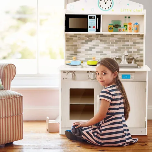 Vista 2 de ARLIME Juego de cocina para niños, cocina de juguete de madera con fregadero extraíble, microondas, utensilios de cocina, armario de almacenamiento