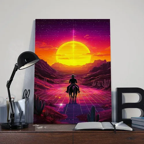 Vista 8 de Vaporwave Cowboy Poster – 80s Synthwave Wall Art, Surreal Western Room Decor Modern Wall Prints Abstract Geometric Minimalist Art Framed Canvas