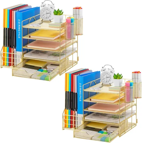 Vista 17 de Marbrasse - Organizador de escritorio con soporte para archivos, organizador de bandejas para papel tamaño carta de 5 niveles con cajón y 2 soportes