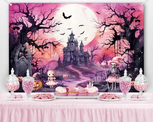Vista 5 de Pancarta de fondo rosa de Halloween, bruja espeluznante, decoración de fiesta de cumpleaños de Halloween, fantasma rosa y negro, decoración de pared