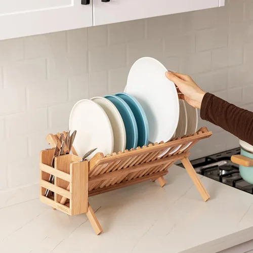 Vista 6 de HBlife Escurreplatos de Bambú, Plegable de 2 Niveles, Collapsible, con Soporte para Utensilios de Cocina
