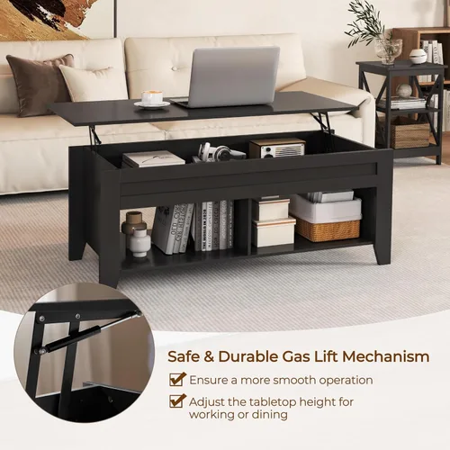 Vista 5 de Yaheetech Mesa de centro de madera negra elevable, con almacenamiento oculto y 2 estantes abiertos para sala de estar, recepción, oficina, 39.5
