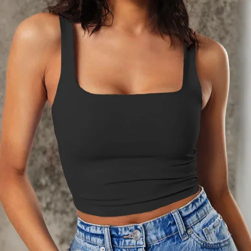 Vista 8 de Artfish - Camiseta corta casual y básica con tirantes delgados y cuello cuadrado, para mujer, sin mangas, de doble capa, ombliguera