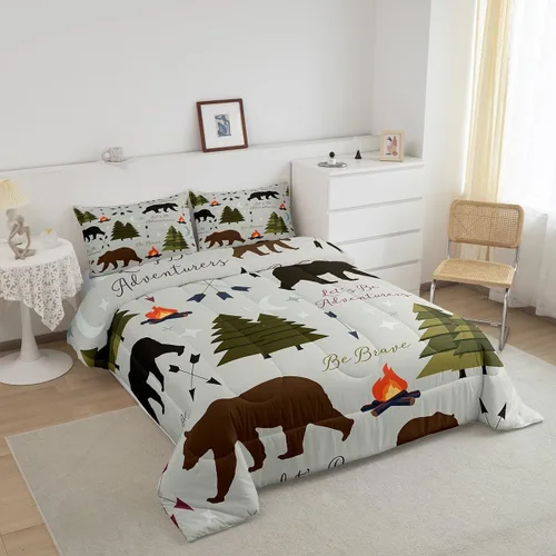 Vista 3 de Juego de ropa de cama Happy Camping de Homewish, tamaño individual, con diseño de osos cazadores y pinos, para niños, hombres, adultos, decoración