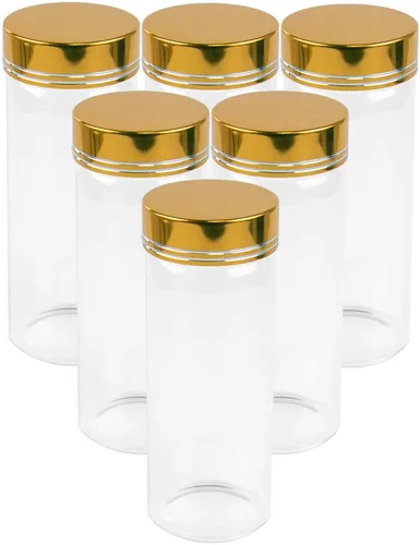 Vista 10 de 6 botellas de vidrio transparente de 1.7 fl oz con tapa de aluminio dorado, adecuadas para recepción de cocina, azafrán, té, almacenamiento