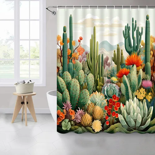 Vista 3 de Cortinas de ducha de cactus con plantas tropicales y flores, flores suculentas, desierto, montaña, paisaje, decoración de baño, cortinas de tela