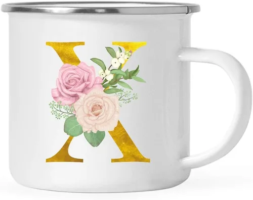 Vista 15 de Andaz Press Taza de café de acero inoxidable para niños de 11 onzas, regalo de taza de café de fogata, rosa rubor, monograma de oro sintético, letra