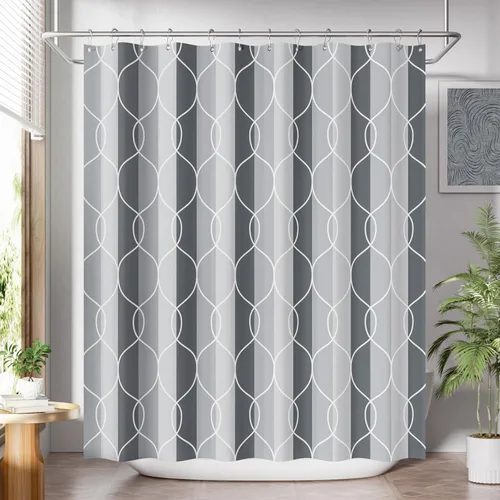 Vista 15 de AmazerBath Cortina de ducha, juego de cortina de tela ombre negra con 12 ganchos, cortina de ducha lavable de tela en negro y blanco, cortina