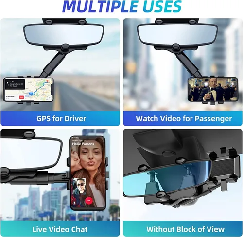 Vista 4 de Soporte de teléfono para espejo retrovisor, giratorio de 360°, universal multifuncional ajustable para todos los teléfonos móviles