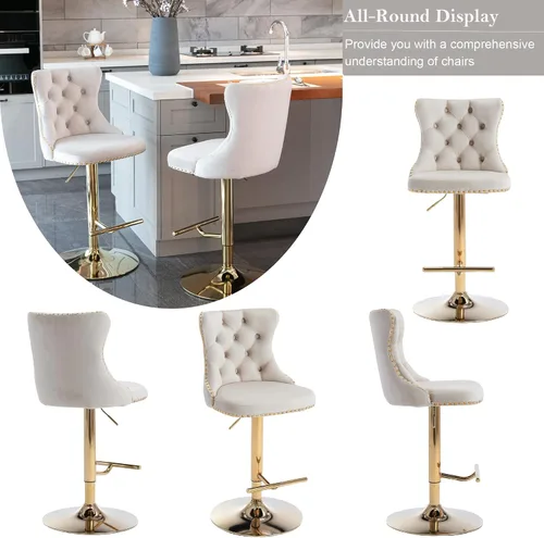 Vista 4 de Taburetes de bar giratorios de terciopelo con base dorada, juego de 4 sillas ajustables para isla de cocina Beige